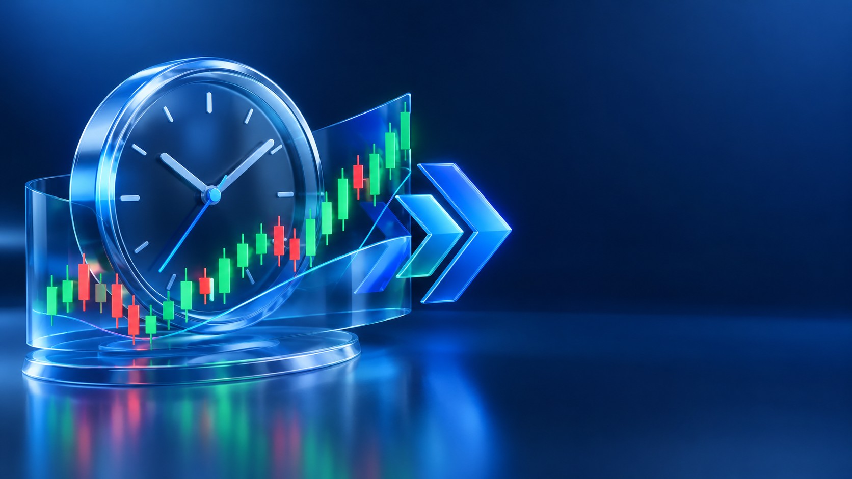 Clock merged with a crypto chart and forward arrows