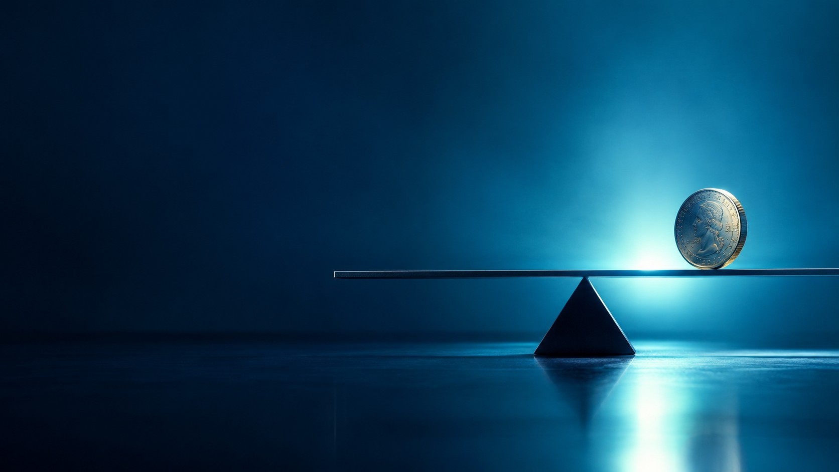 Coin resting perfectly level on a balance beam with a flat price line