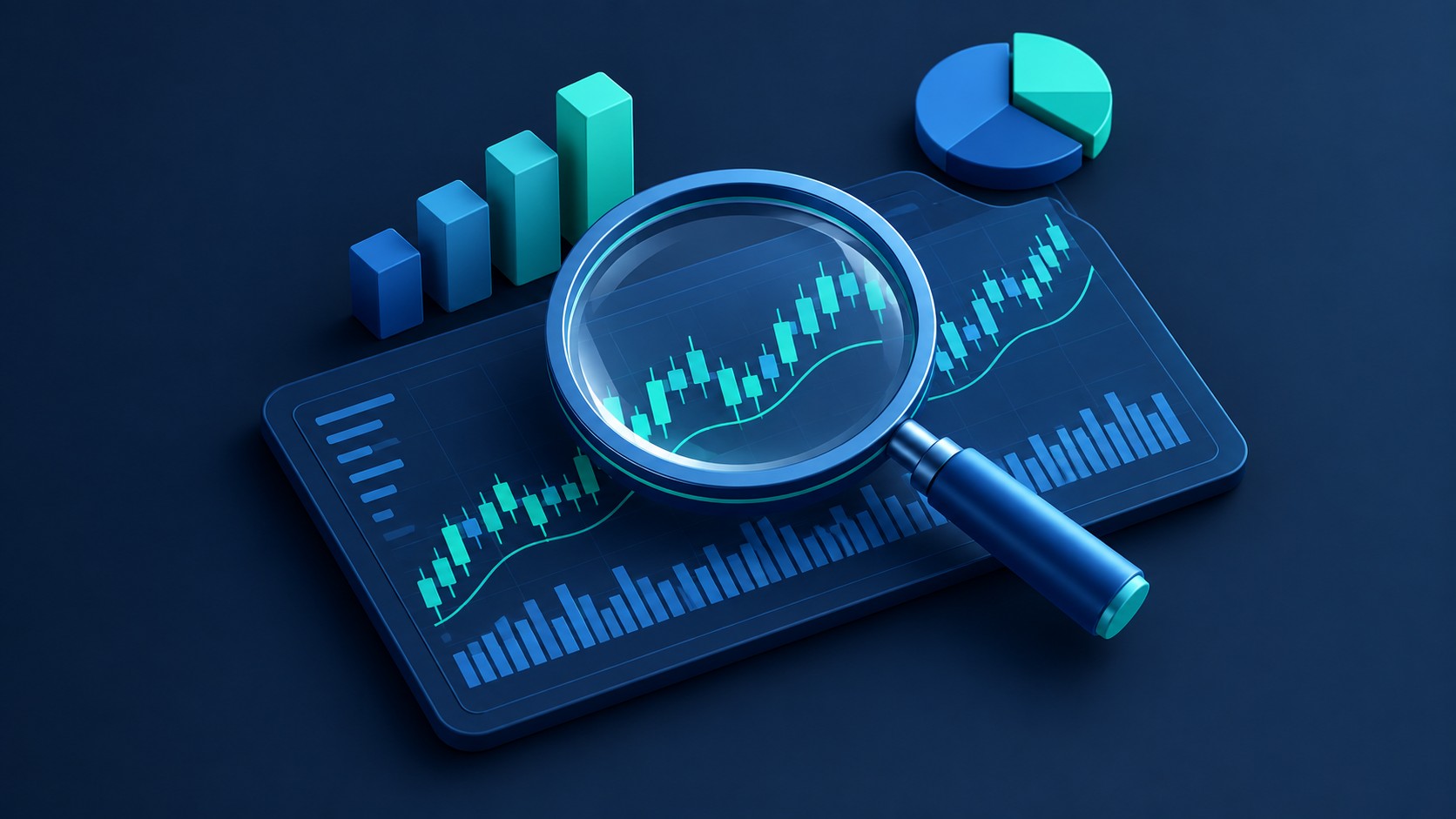 Magnifying glass over a detailed stock chart