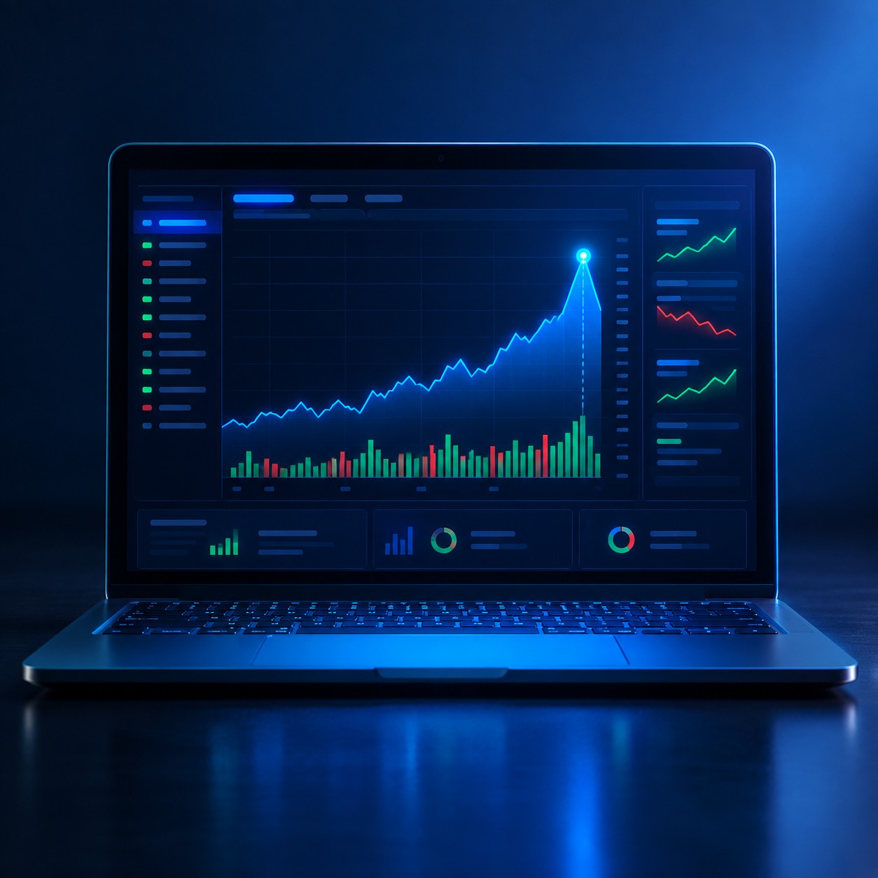 Laptop displaying an earnings report chart with a highlighted spike