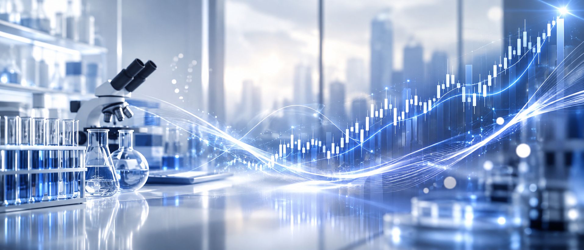Clean laboratory scene blended with an upward stock chart