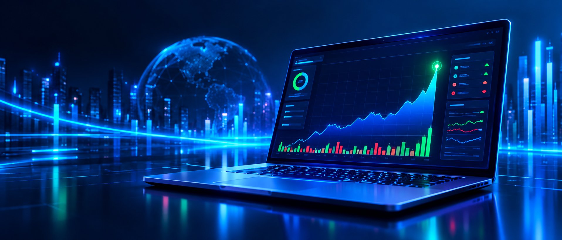 Laptop displaying an earnings report chart with a highlighted spike